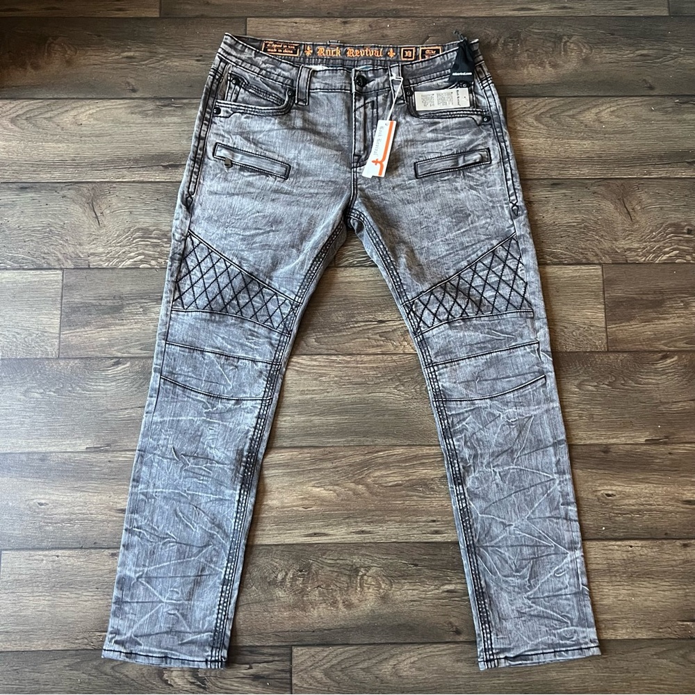 Rock Revival Men's Mike Biker Grey Wash Denim Jeans Size 38x32 - Picture 5 of 9